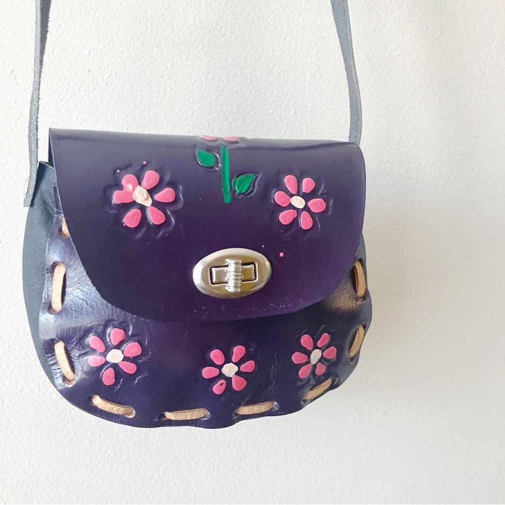 Handmade • Mexican Leather Tooled Crossbody Bag in Purple Daisy